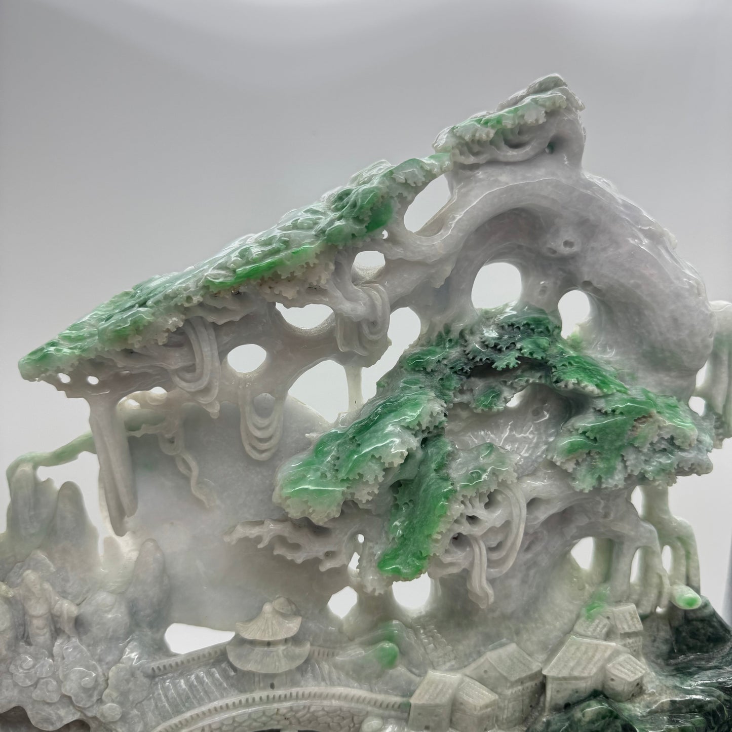 Type A Green, Yellow & Spicy Green Jade Jadeite Shan Shui 摆件多子多福 with Wooden Stand Display Piece - 3.015kg Dimensions with Stand - 51 by 40 by 19cm Jade Dimensions - 37 by 24 by 5cm