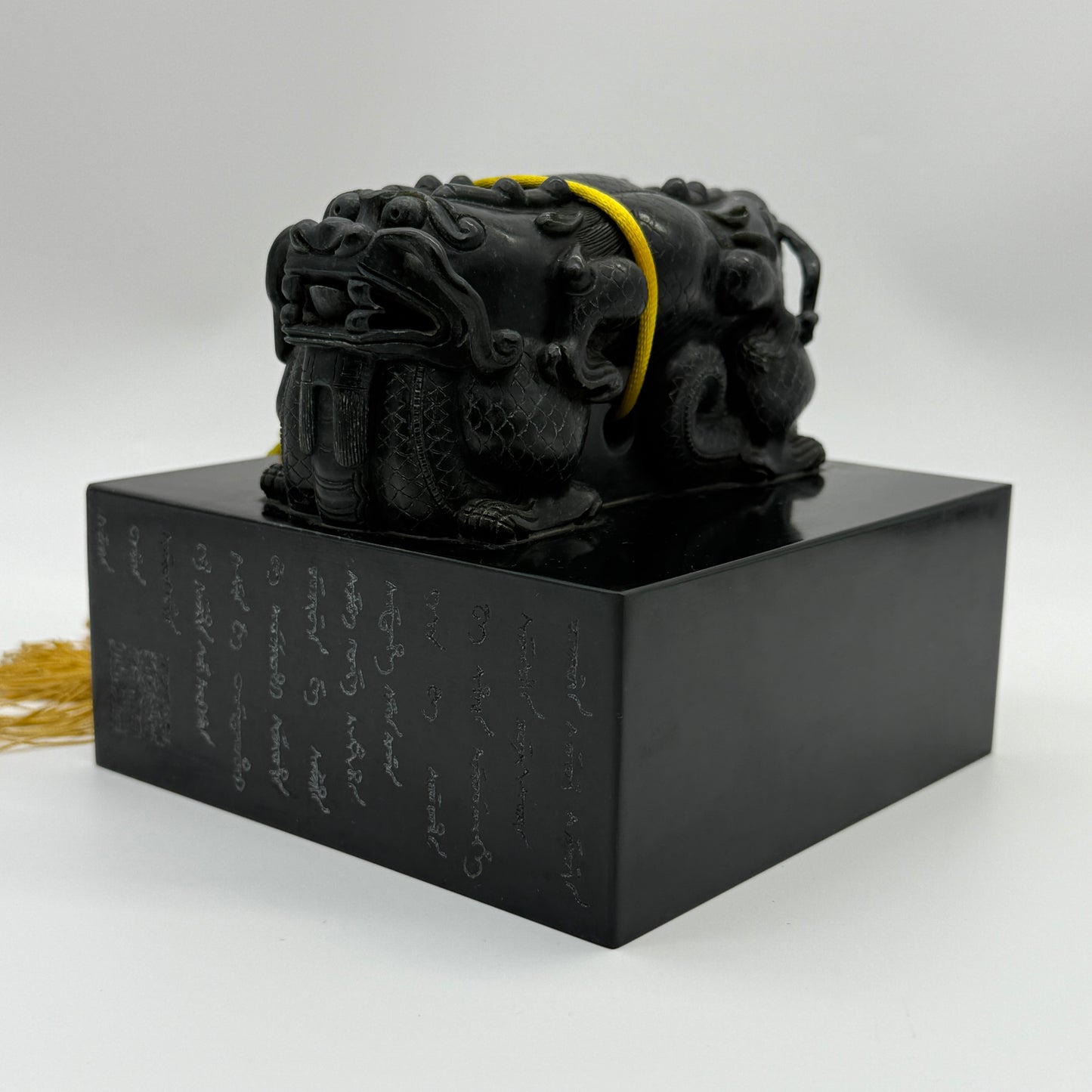 Rare Antique Natural Dark Green Nephrite Double Dragon Heads Seal 4,105.8g 134.8 by 134.3 by 120.0mm