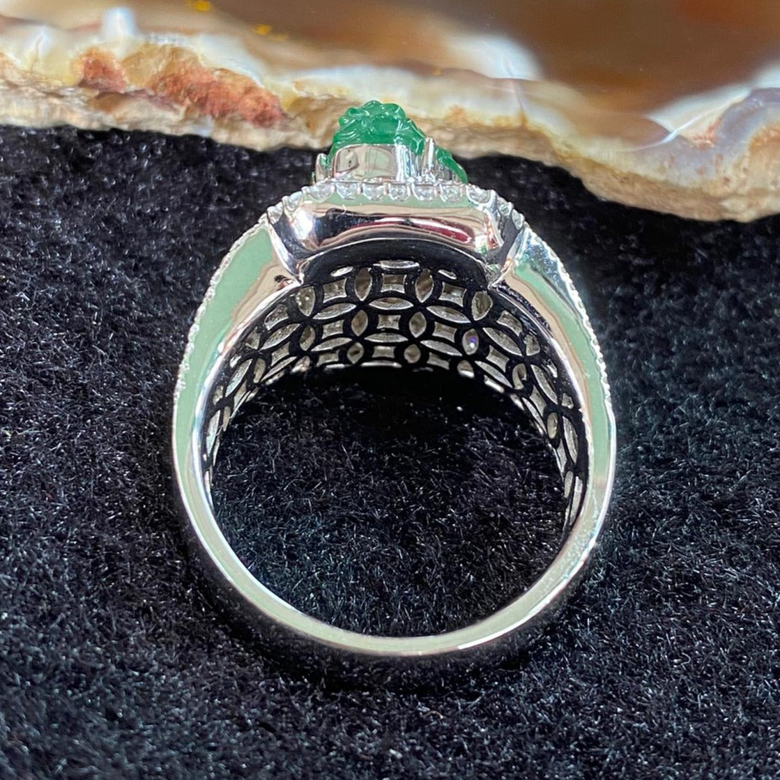 Rare Type A Burmese High End Jade Jadeite Chan Chu aka 3 Legged Frog Ring 18K White Gold & Diamonds - 14.99g US9.45 HK22 with NGI Cert