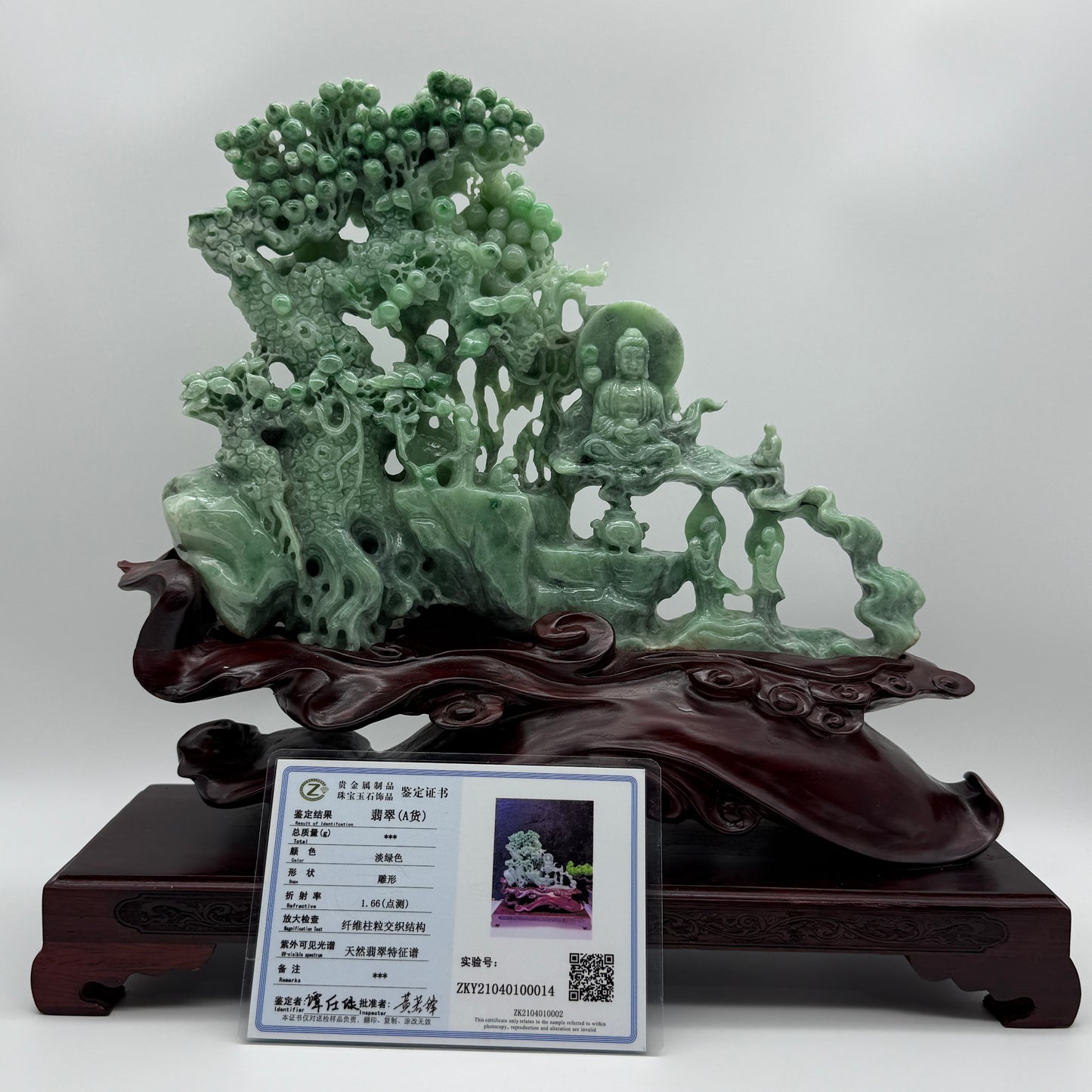 Rare Full Apple Green Buddha & Disciple Shan Shui Display 2,490g 300.0 by 230.0mm by 60.0mm with wooden stand 2,345g Total 4,835g 350.0 by 350.0 by 120.0mm