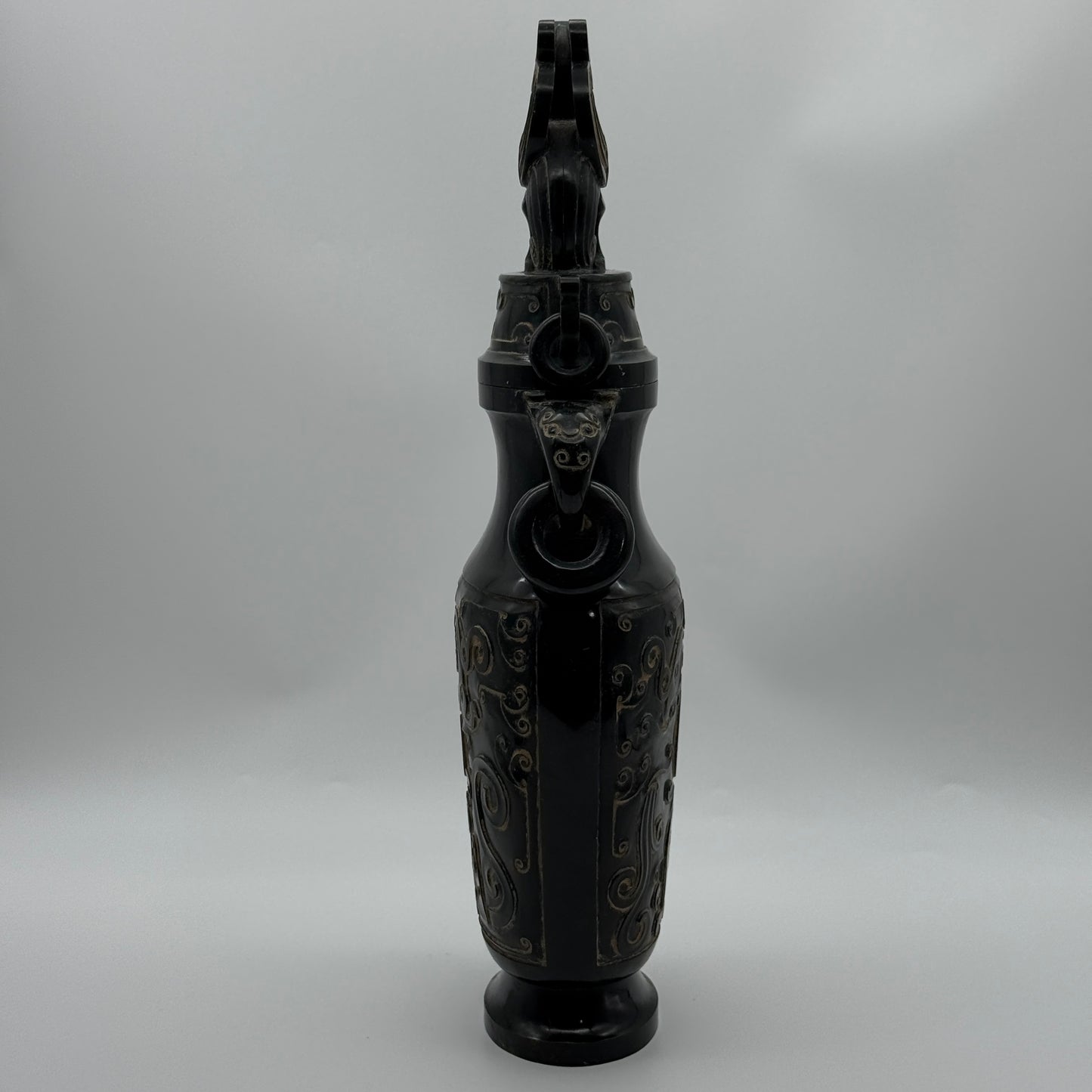 Rare Antique Natural Dark Green Nephrite Dragon Phoenix Bird Vase 2,047.6g 145.0 by 90.0 by 360.0mm