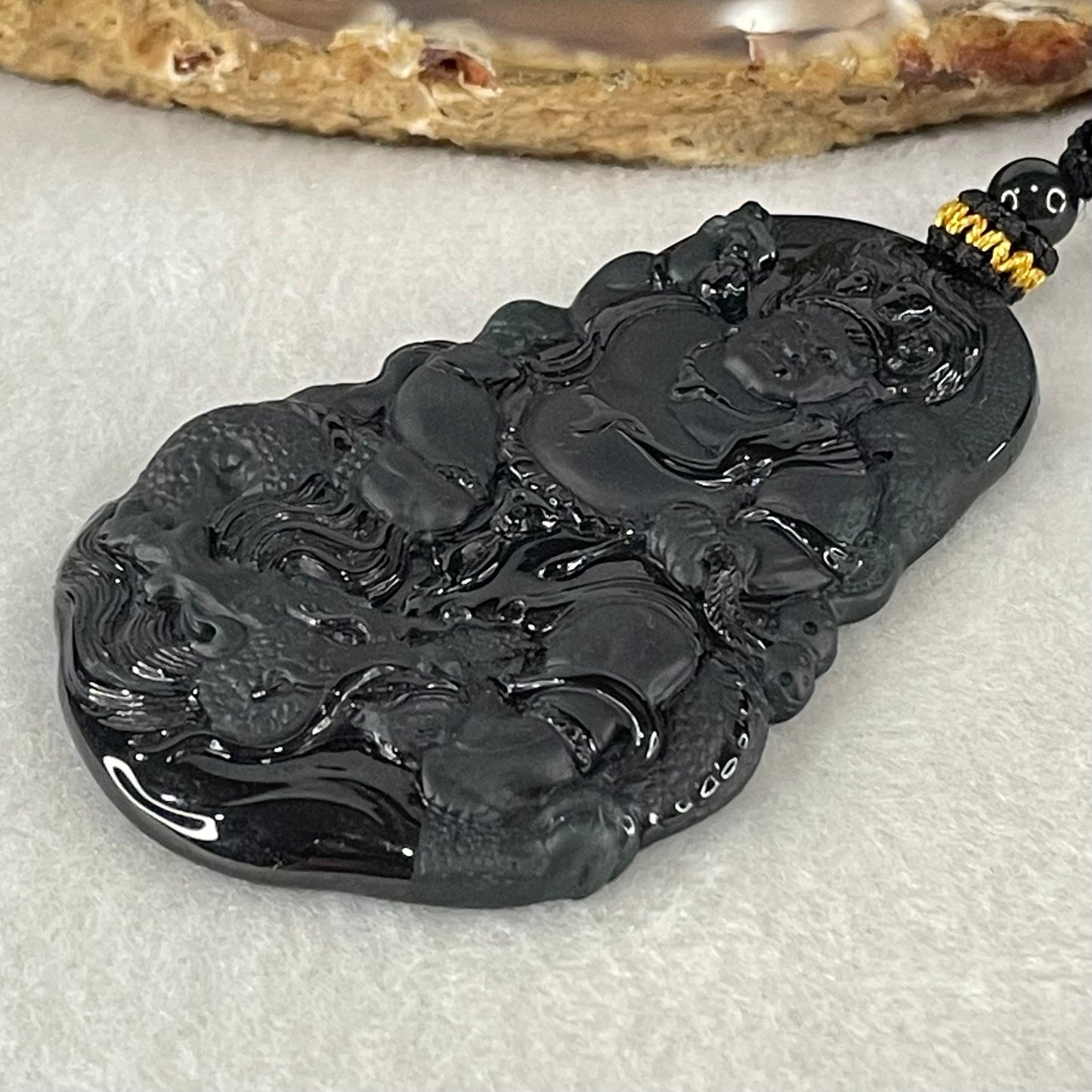 Rare Grand Master Type A Fully Translucent Black Omphacite Jadeite Da Hei Tian Daikokuten God of Fortune 大黑天 Pendant 26.52g 59.4 by 38.7 by 5.2mm