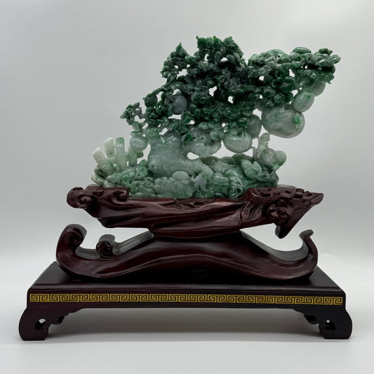 Type A Light Green with Spicy Green and Apple Green Patches Jadeite Tree with Twin Birds and Bamboo Display 1260g 24.0 by 2.8 by 16.0cm with wooden stand 2935g 31.0 by 10.0 by 28.0cm