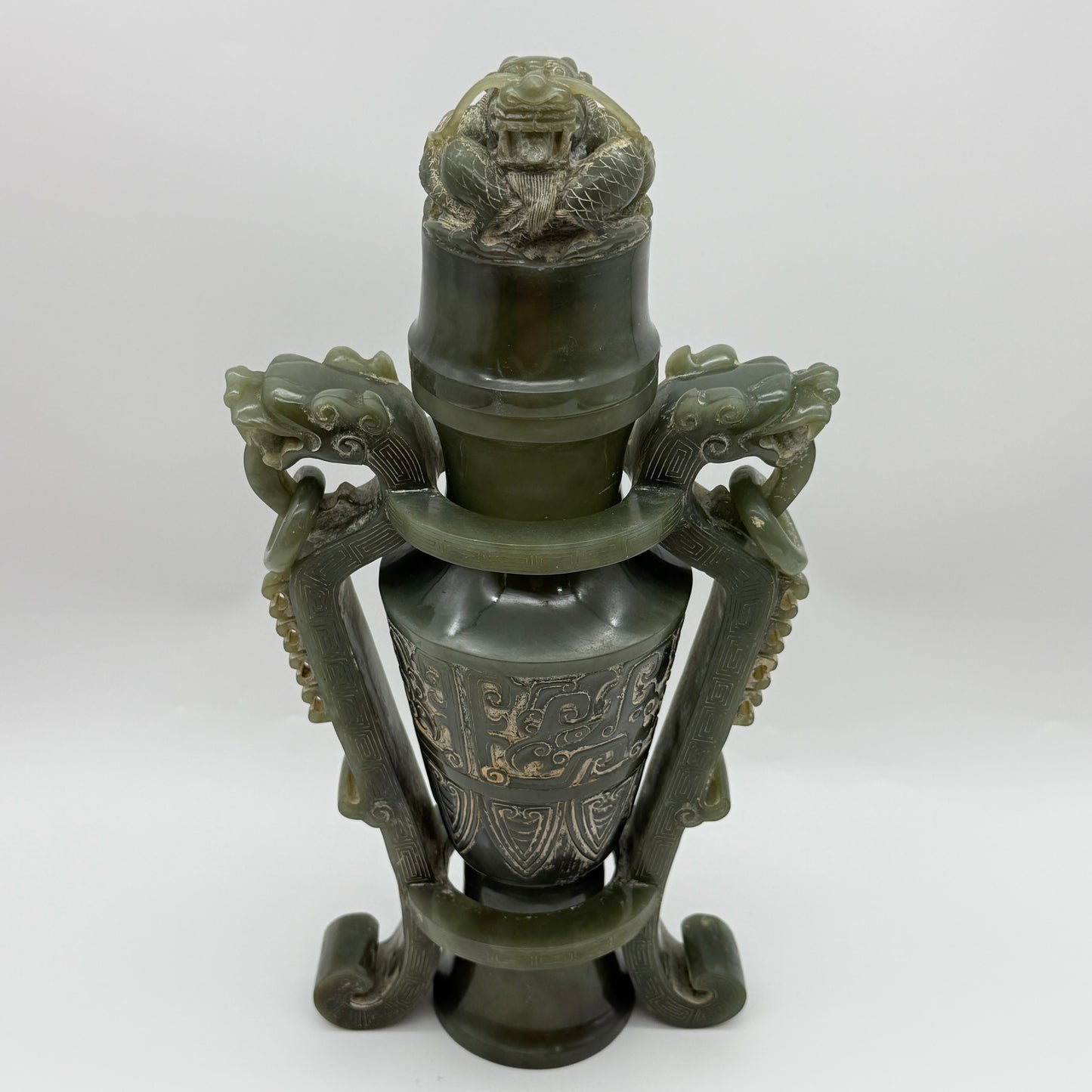 Rare Antique Natural Green Nephrite Vase with Double Dragon Display 2,035.4g 162.0 by 90.0 by 315.0m