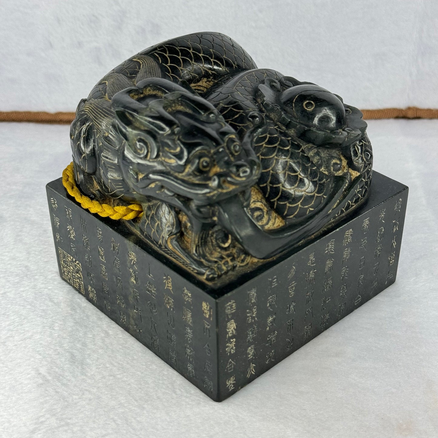 Rare Antique Natural Dark Green Nephrite Dragon with Ying Yang Flower Seal 2,868.7g 108.7 by 107.5 by 104.0mm with Wooden Box Total 3,975.9g 146.7 by 147.1 by 190.0mm