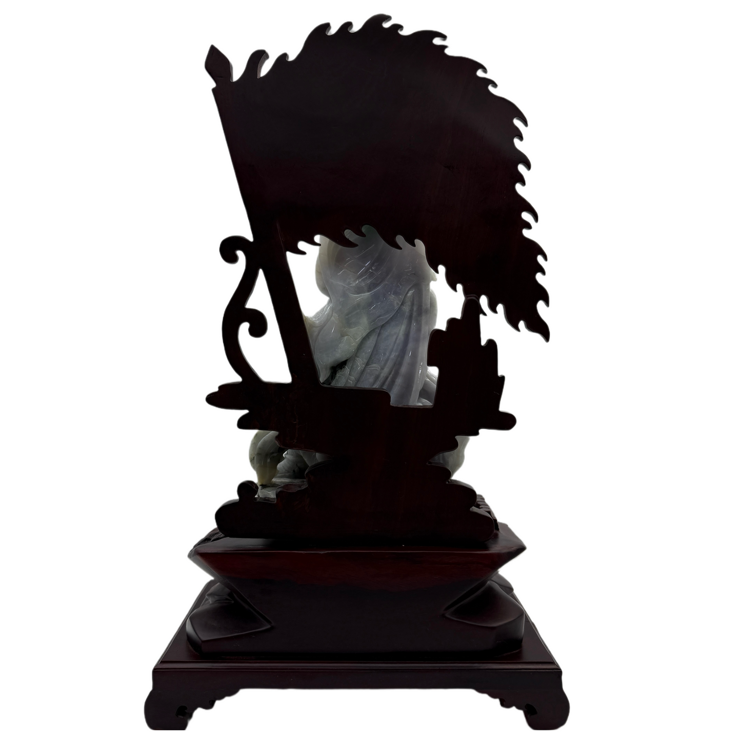 Type A Three Colour Lavender, Green & Yellow Jade Jadeite Standing Guan Gong with Wooden Stand and Victory Flag 义薄云天 旗开得胜 - 3.63kg Dimensions with Stand: 39 by 25 by 15cm Jade Dimensions: 27 by 15 by 7cm