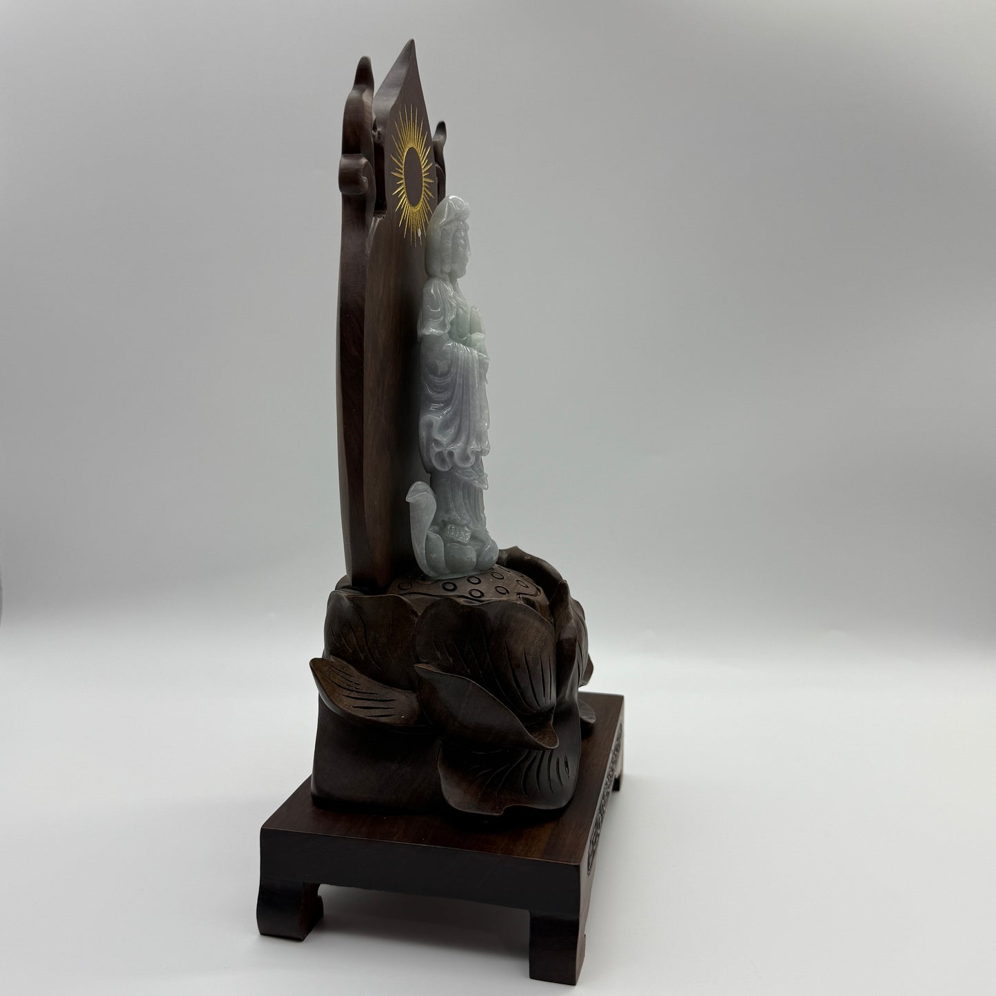 Type A Lavender and Green Jade Jadeite Guan Yin Display 210.5g 142.6 by 53.6 by 24.1mm with wooden stand total 1515g 310 by 152 by 106mm