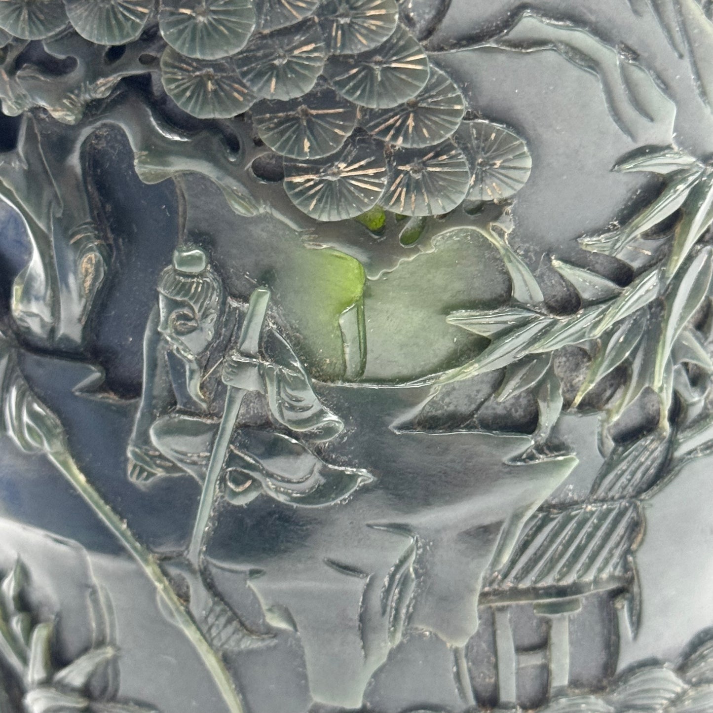 Rare Antique Natural Dark Green Nephrite Shan Shui Brush Pot with Gui Ren Display 1,467.0g 116.5 by 116.8 by 142.9mm with NGI Cert 82812380