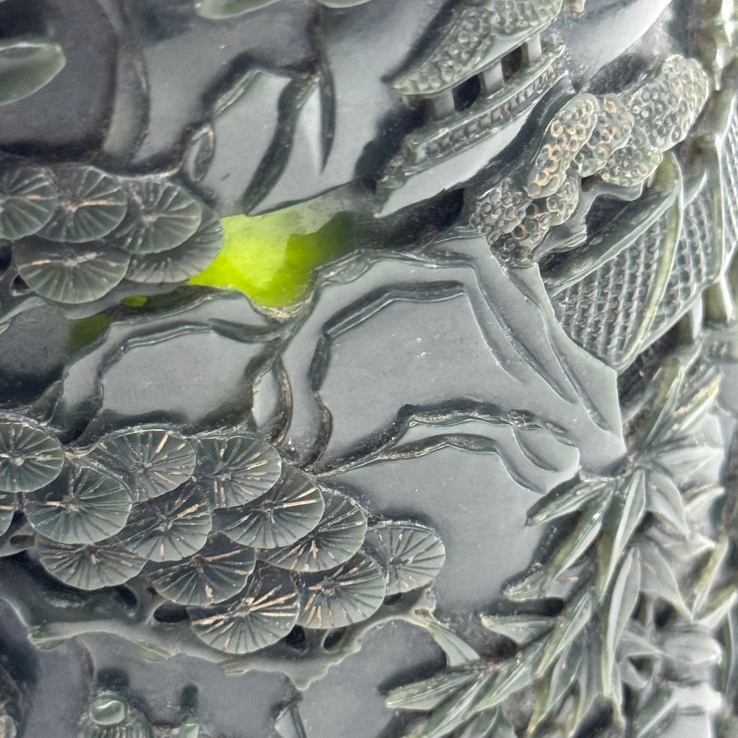 Rare Antique Natural Dark Green Nephrite Shan Shui Brush Pot with Gui Ren Display 1,467.0g 116.5 by 116.8 by 142.9mm with NGI Cert 82812380
