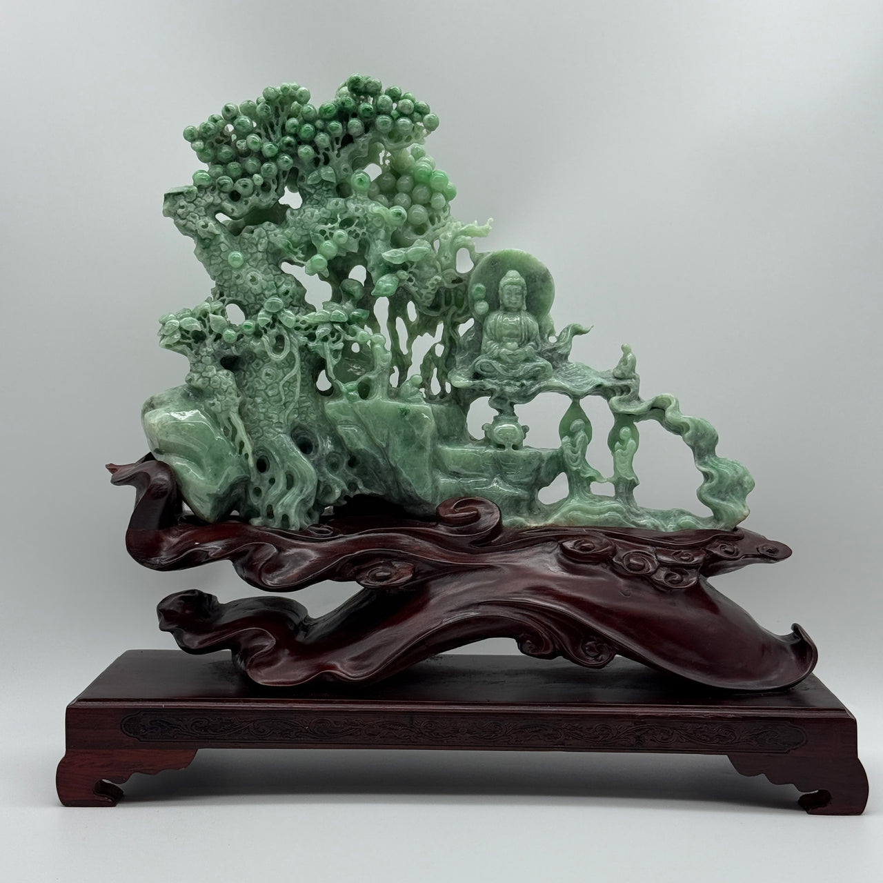 Rare Full Apple Green Buddha & Disciple Shan Shui Display 2,490g 300.0 by 230.0mm by 60.0mm with wooden stand 2,345g Total 4,835g 350.0 by 350.0 by 120.0mm