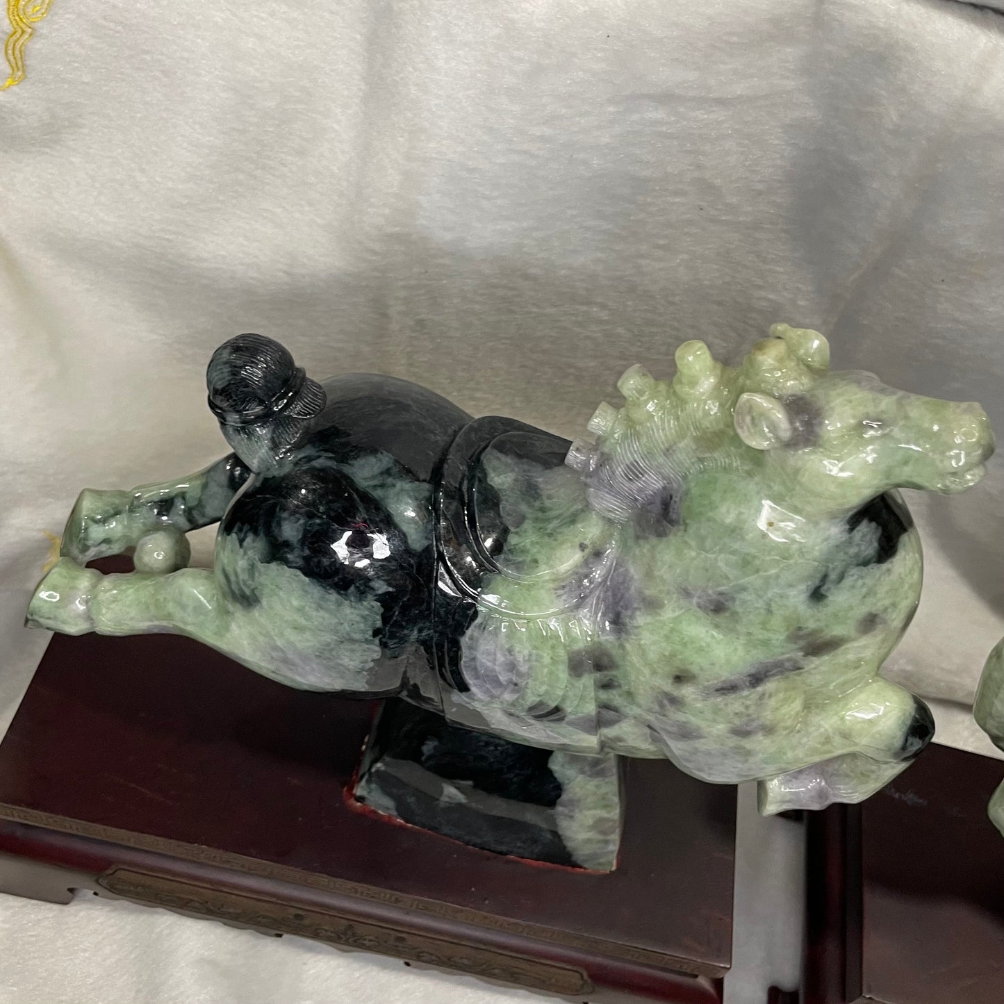 Type A Green with Lavender Jadeite Pair of Horses 马到成功 马上成功 马上发财 with Wooden Stand Display Piece - 9.53kg Dimensions with Stand: 30 by 28 by 12cm Jade Dimensions: 28 by 24 by 9cm