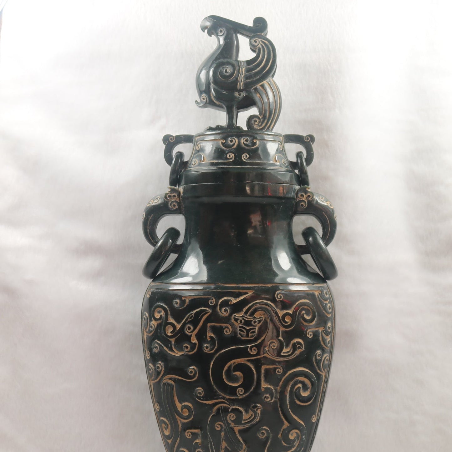 Rare Antique Natural Dark Green Nephrite Dragon Phoenix Bird Vase 2,047.6g 145.0 by 90.0 by 360.0mm