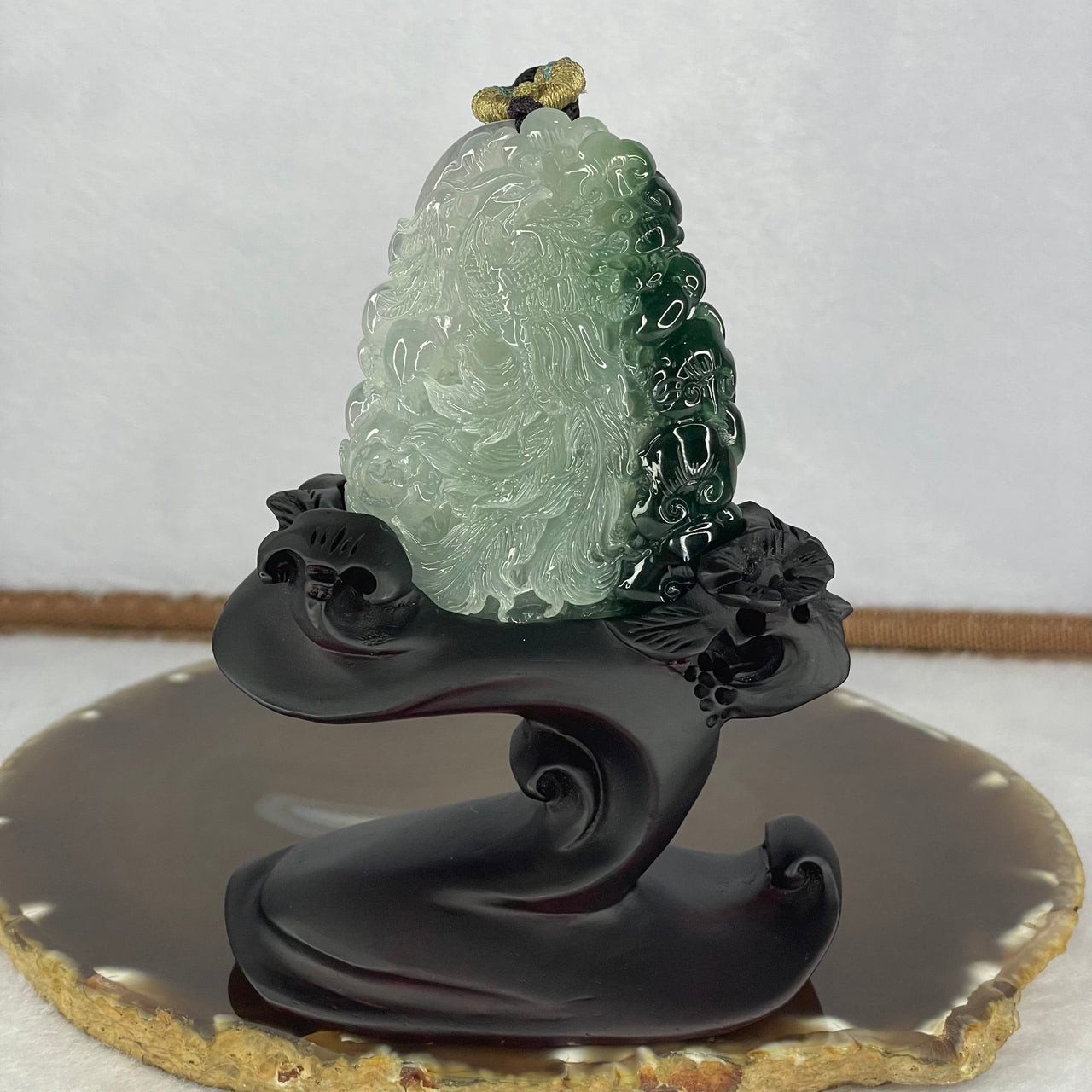 Certified Grand Master Type A Icy Light Green with Green Jadeite Phoenix Ruyis and Flower Pendant Display 71.83g 65.7 by 48.2 by 12.5mm with Wooden Stand for Career Progression and Recognition