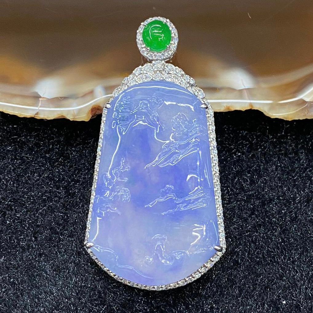 Rare High end Type A Burmese Lavender Jade Jadeite Shan Shui 18k white gold & diamonds - 13.78g 44.7 by 23.1 by 10.3mm