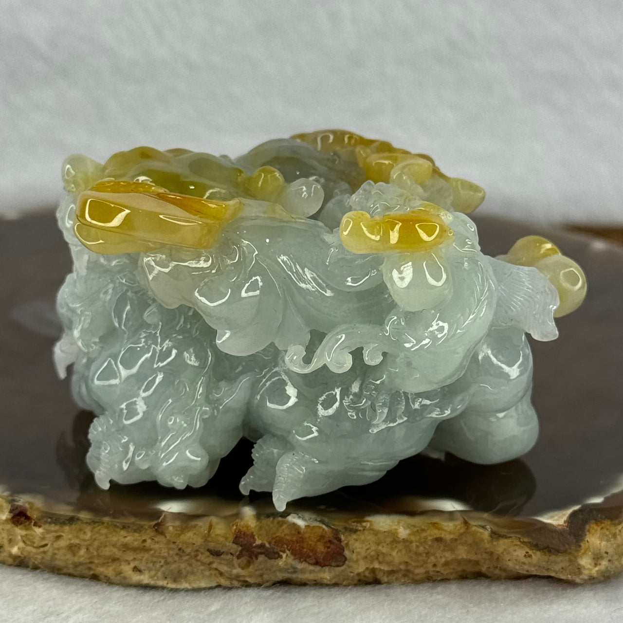 Certified Grand Master Rare Type A Green with Lavender and Yellow 3D Flying Pixiu with Baby, Ruyi and Coins Display 185.14g 41.0 by 64.3 by 48.0mm with Wooden Stand