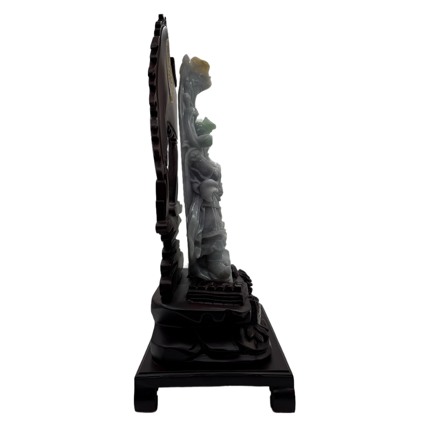 Type A Three Colour Lavender, Green & Yellow Jade Jadeite Standing Guan Gong with Wooden Stand and Victory Flag 义薄云天 旗开得胜 - 3.63kg Dimensions with Stand: 39 by 25 by 15cm Jade Dimensions: 27 by 15 by 7cm