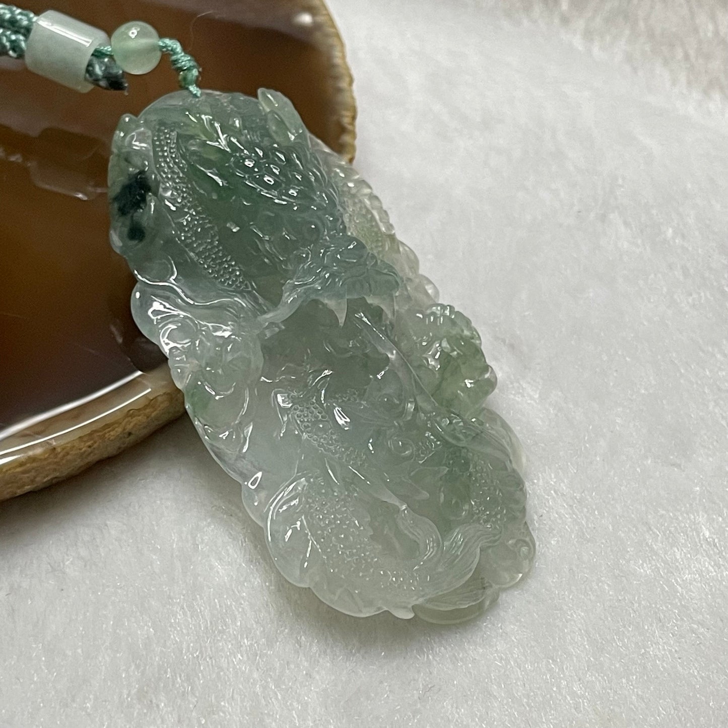 Rare Type A Icy Green Jade Jadeite Wealth Prosperity Dragon Pendant 35.02g 71.1 by 40.0 by 14.1mm
