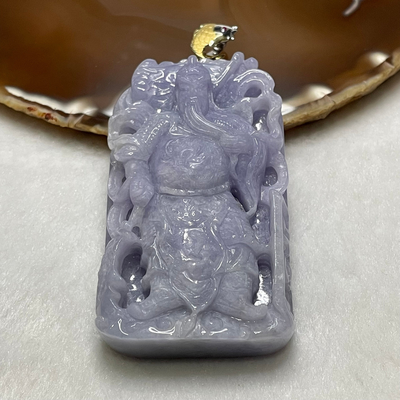 Rare Type A Intense Lavender Guan Gong Jade Jadeite 18k gold with NGI Cert 106.26g 90.0 by 41.3 by 15.8mm