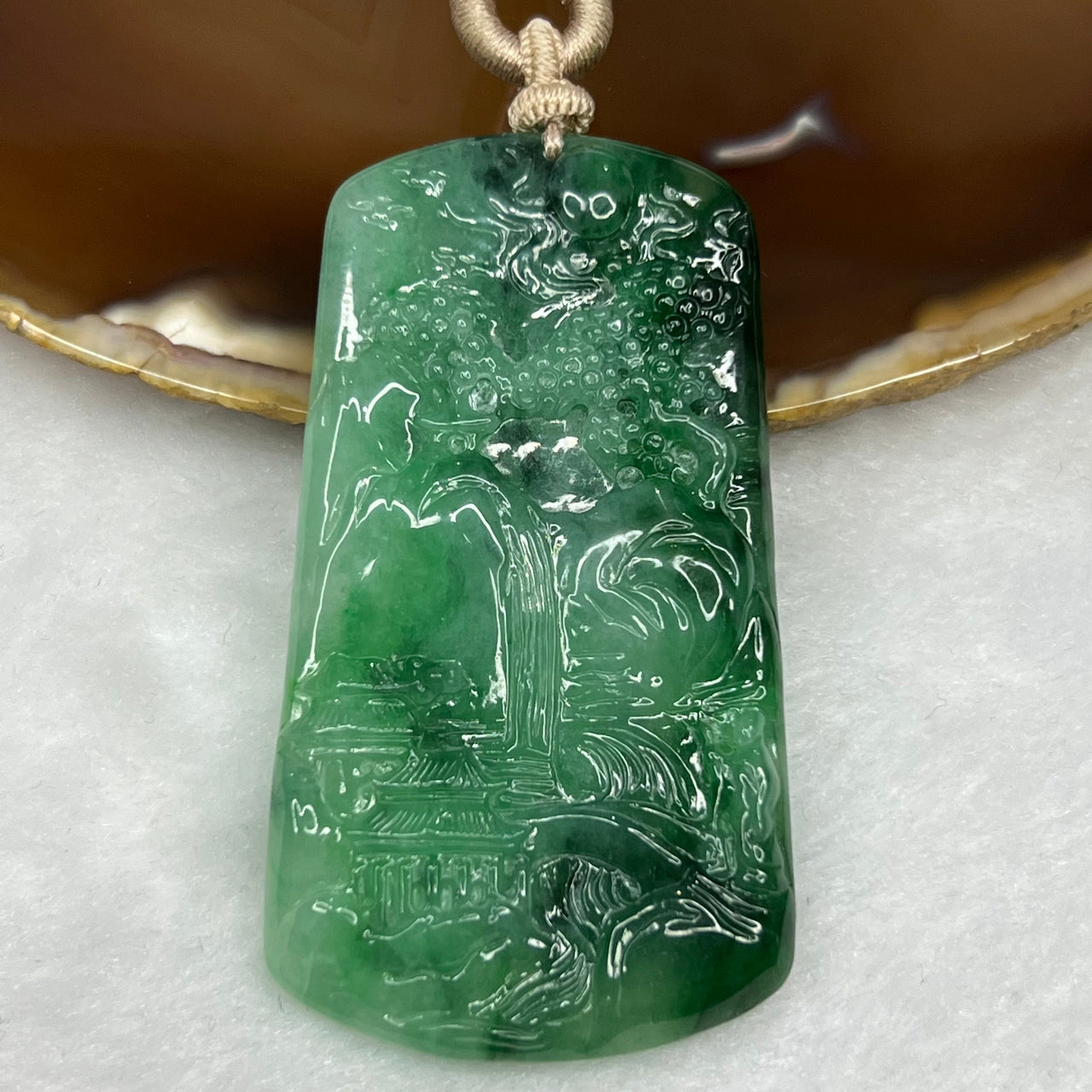 Type A ICY Spicy Green Jade Jadeite Shan Shui Pendant 35.06g 63.8 by 35.2 by 6.0mm