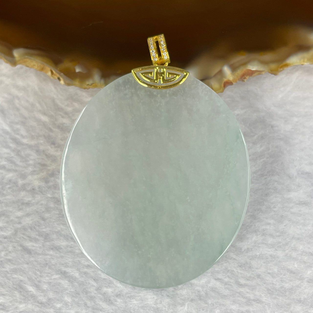 High Icy Type A Sky Blue Jadeite Wu Shi Pai 无事牌 18k Pendant with Diamonds 29.39g 50.8 by 43.9 by 4.9mm