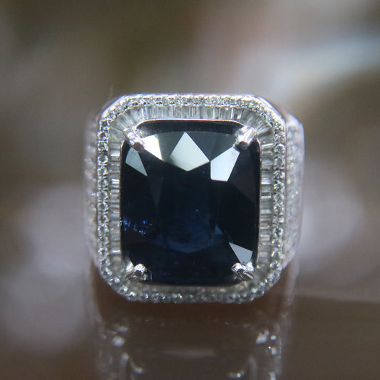 Natural Blue Sapphire 蓝宝石 (heated) about 13.0ct Ring set in 18k 750 white gold & natural diamonds - 19.42g US Size 9 with NGI Cert