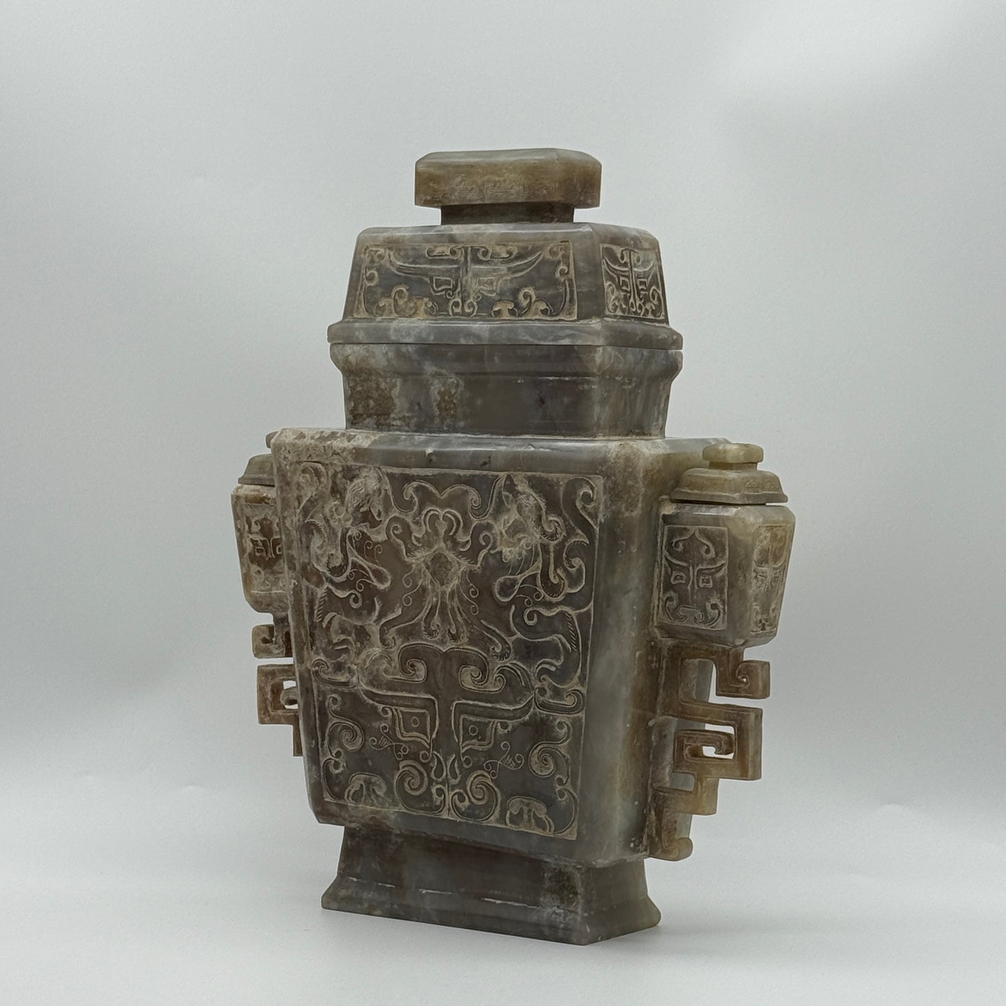 Rare Antique Natural Grey with Yellow White Patches Nephrite Double Pixiu Vase 3,014.3g 225.0 by 83.0 by 280.0mm