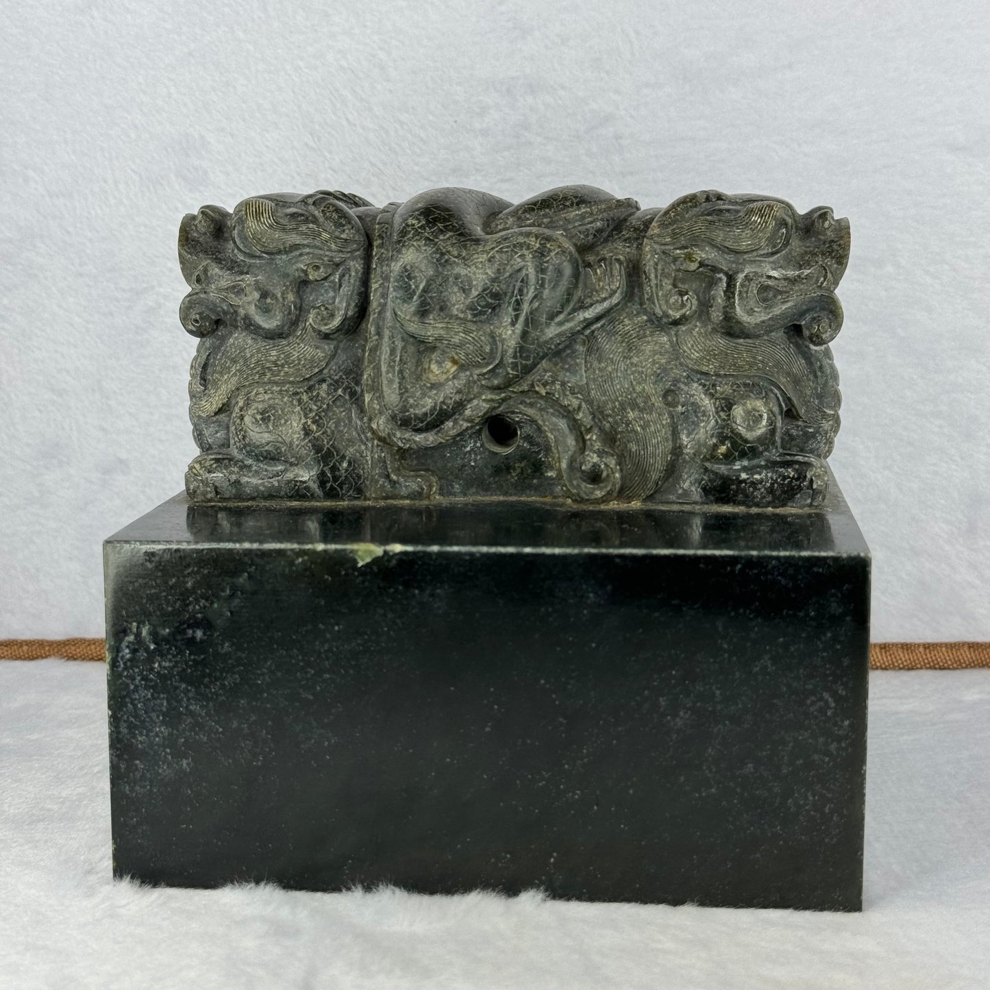 Rare Antique Natural Dark Green Nephrite Double Headed Dragon Seal 4,452.2g 134.7 by 136.1 by 125.0mm