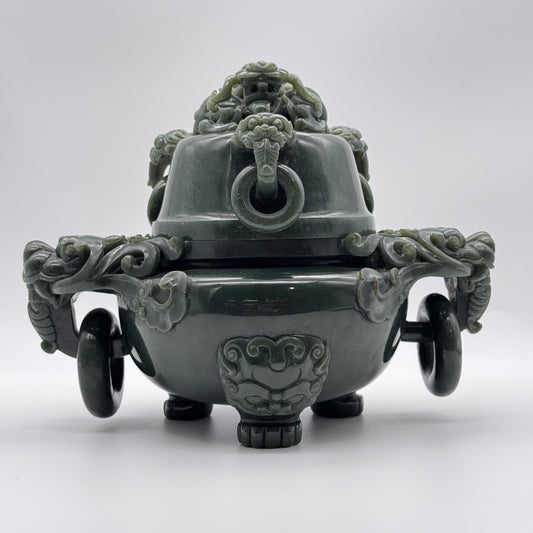 Rare Antique Natural Dark Green Nephrite Dragon Incense Burner 2.952,1g 245.0 by 160.0 by 185.5mm