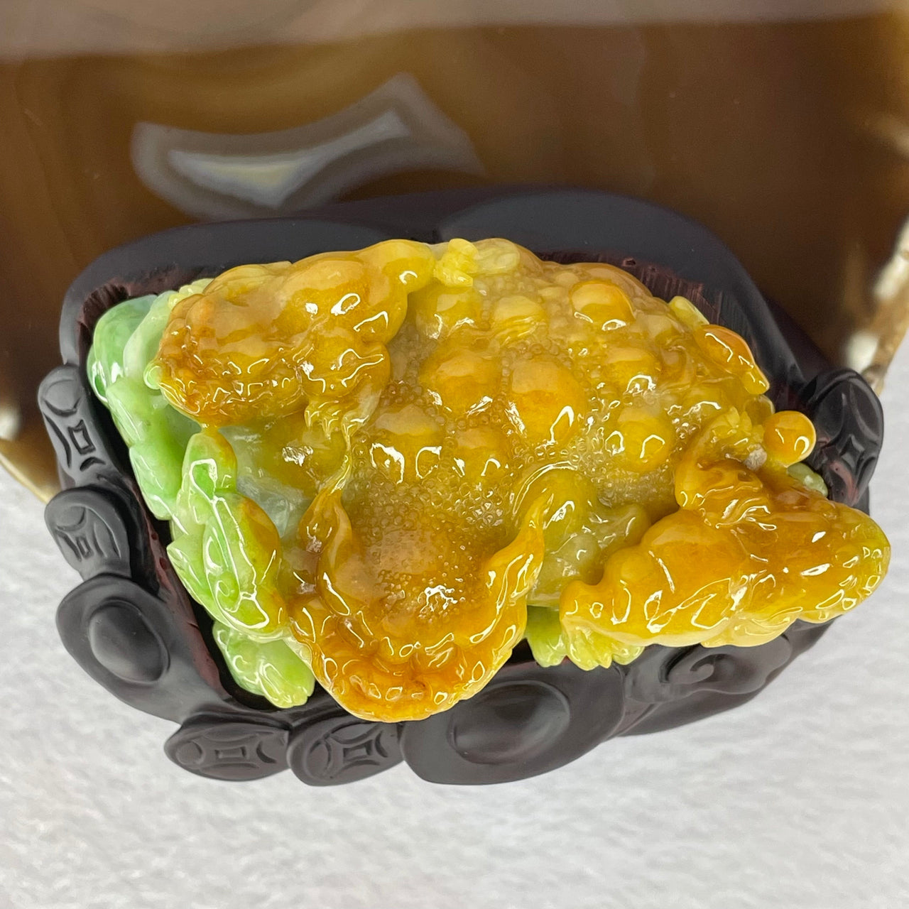 Certified Grand Master Rare Multi Color Type A Yellow Red Spicy Green White Jadeite Ultimate Prosperity 3 Legged Toad Chan Chu with 3 Babies Ruyis and Coins Display 206.68g 97.0 by 55.8 by 32.4mm with Wooden Stand