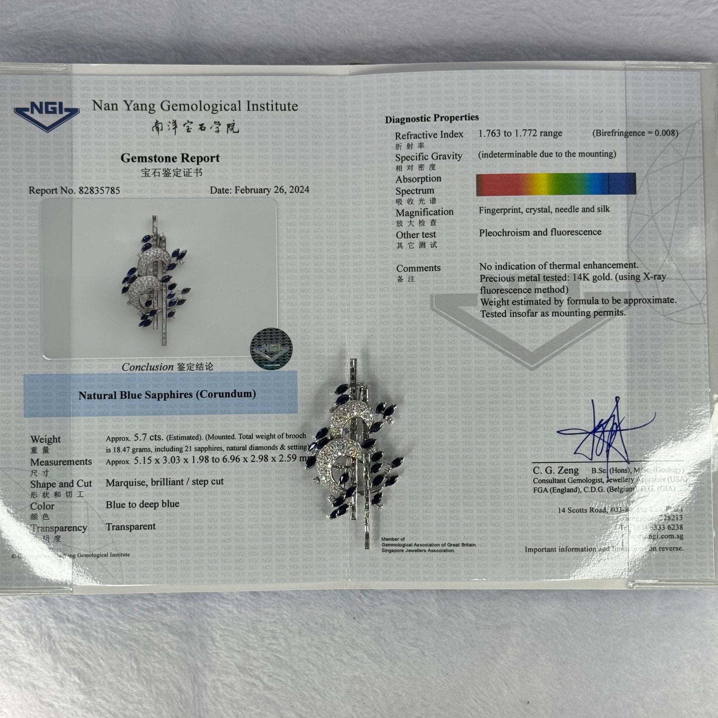 Natural Blue Sapphires (Corundum) Approx. 5.7 cts. Total 18.47g including 21 Sapphires, Natural Diamonds in 14K White Gold with NGI Cert No. 82835785