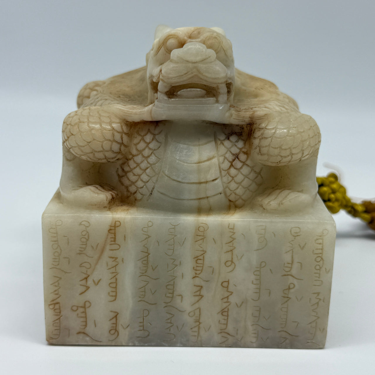 NGI Certified Rare Antique Natural Old Mine White with Light Yellowish Brown Patches Nephrite Dragon Seal 1,960g 99.45 by 100.90 by 109.55mm