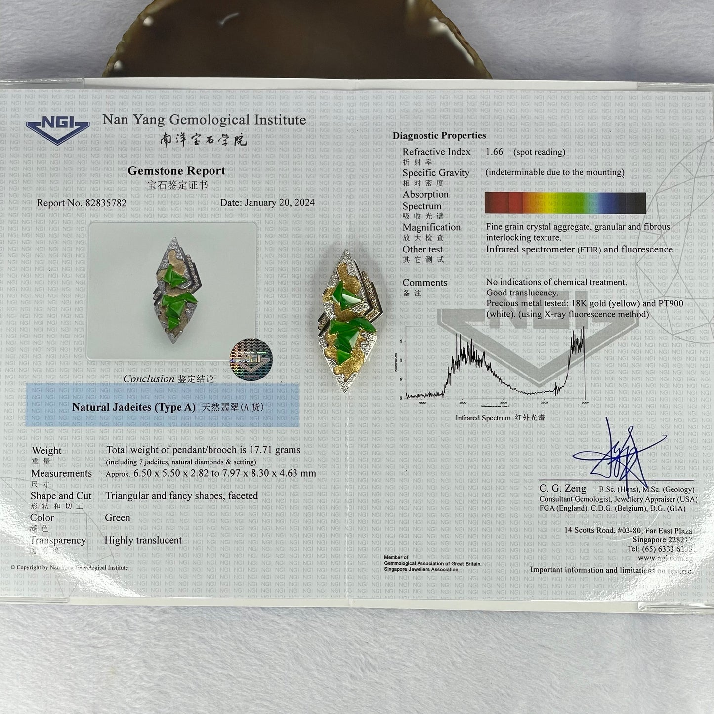 Very Very High Quality Highly Translucent Natural Emerald Green Jadeite (TYPE A) Brooch Approx. 6.5 by 5.50 by 2.82 to 7.97 by 8.30 by 4.63mm Total Weight 17.71g including Natural Diamonds and 18K Yellow Gold and PT900 Setting with NGI Cert No.82835782