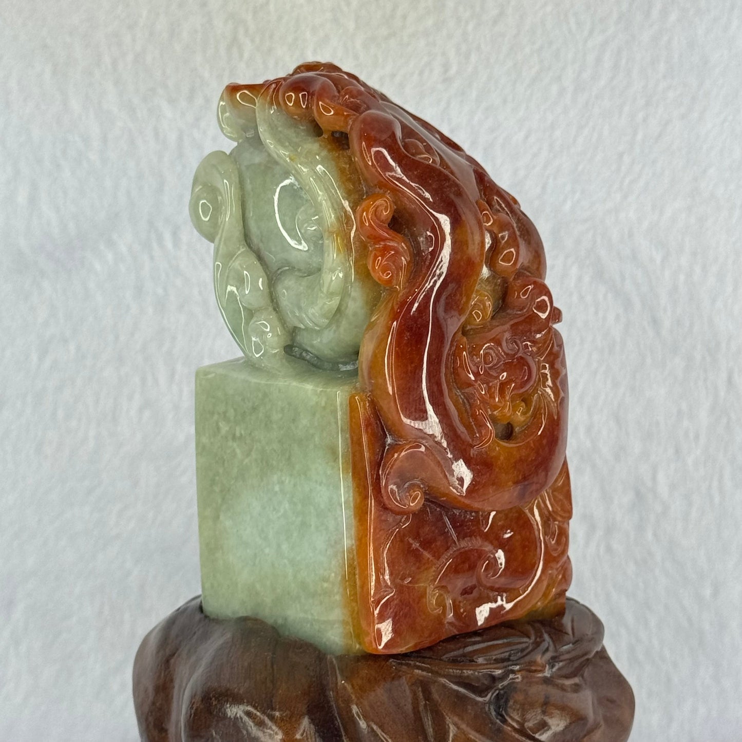 Type A Burmese Jade Jadeite Red, Green & Lavender Dragon Seal Display 565.0g 54.5 by 50.9 by 94.4mm with NGI cert