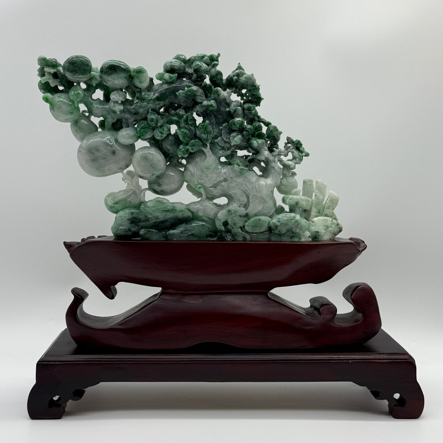 Type A Light Green with Spicy Green and Apple Green Patches Jadeite Tree with Twin Birds and Bamboo Display 1260g 24.0 by 2.8 by 16.0cm with wooden stand 2935g 31.0 by 10.0 by 28.0cm