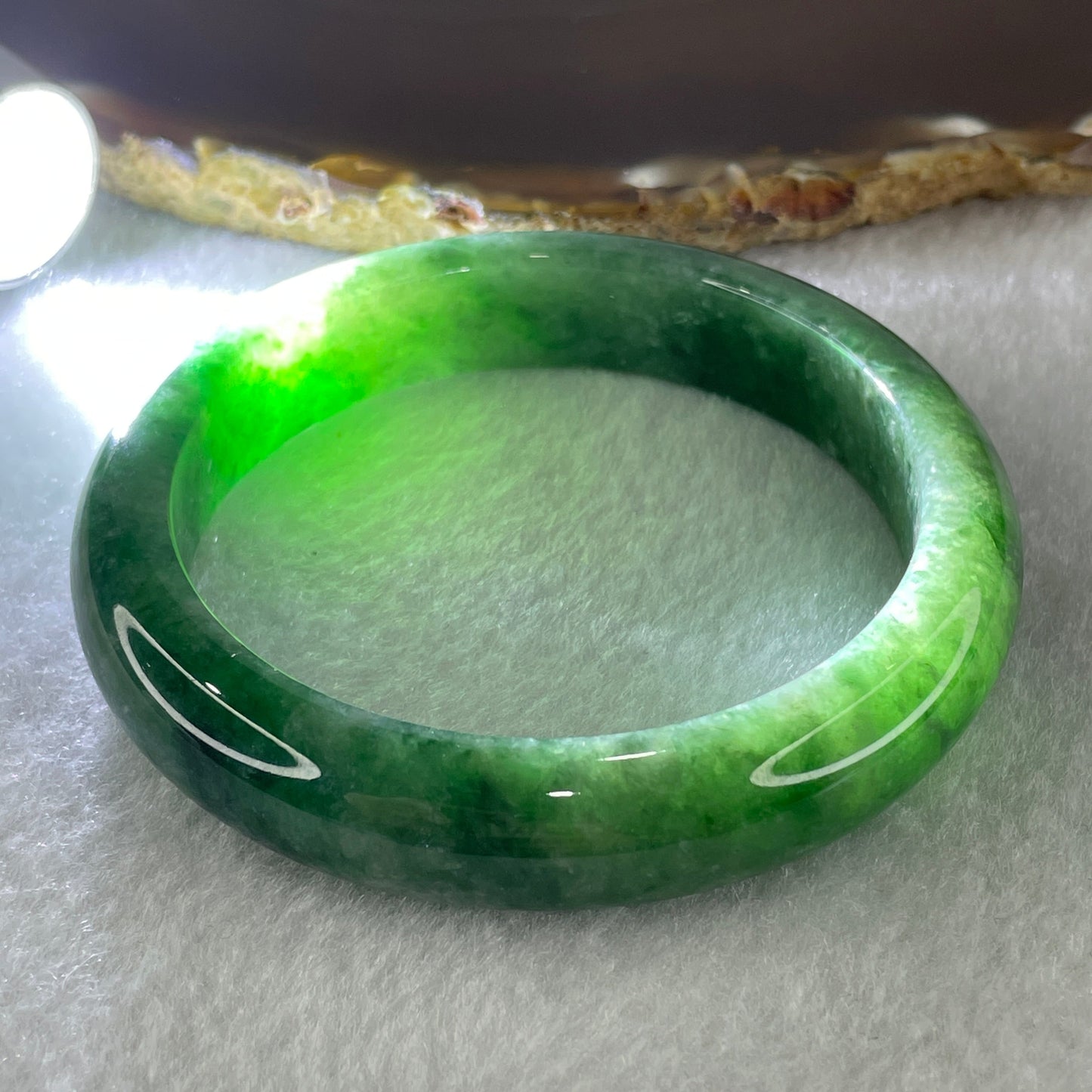 Certified Type A Natural Green with Emerald Green Patches Jadeite Bangle 64.72g Inner Diameter 58.9mm 13.0 by 8.5mm (Close to Perfect)