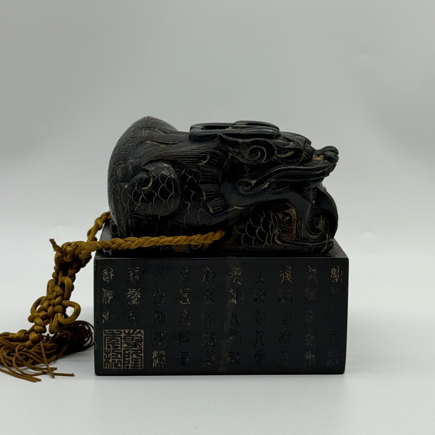 Rare Antique Natural Dark Green Nephrite Dragon with Ying Yang Flower Seal 2,868.7g 108.7 by 107.5 by 104.0mm with Wooden Box Total 3,975.9g 146.7 by 147.1 by 190.0mm