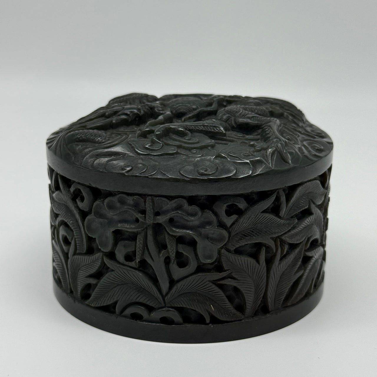 Rare Antique Natural Old Mine Dark Green Nephrite Double Dragons in Clouds with Flowers and Leaves Seal 1,625.5g 108.2 by 107.6 by 71.6mm