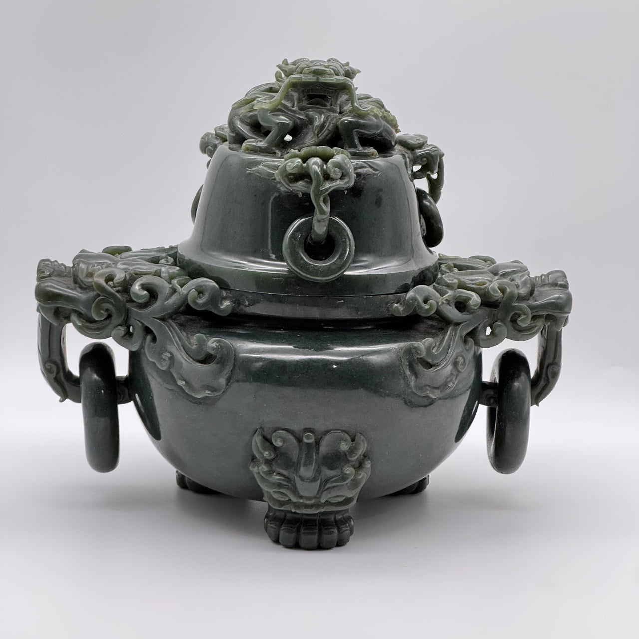 Rare Antique Natural Old Mine Dark Green Nephrite Dragon Incense Burner 3,613.7g 250.0 by 170.0 by 215.0mm