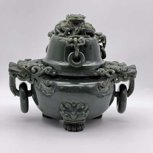 Rare Antique Natural Dark Green Nephrite Dragon Incense Burner 3,613.7g 250.0 by 170.0 by 215.0mm