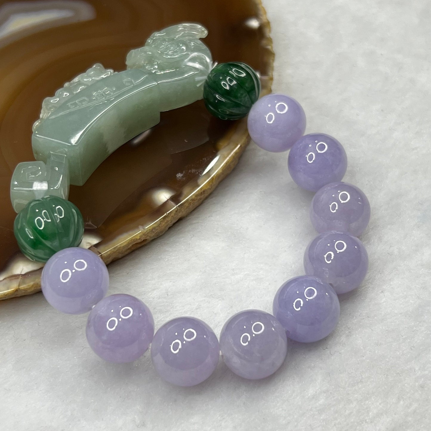 High End Type A Lavender and Green Jadeite Bracelet with Semi Icy Dragon and Pixiu Ruyi Charm 72.82g 13.4mm 11 Beads Charm Dimensions 63.3 by 14.3 by 18.4