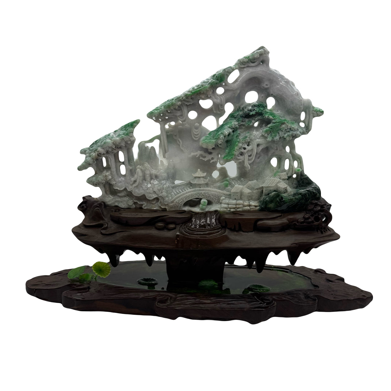 Type A Green, Yellow & Spicy Green Jade Jadeite Shan Shui 摆件多子多福 with Wooden Stand Display Piece - 3.015kg Dimensions with Stand - 51 by 40 by 19cm Jade Dimensions - 37 by 24 by 5cm