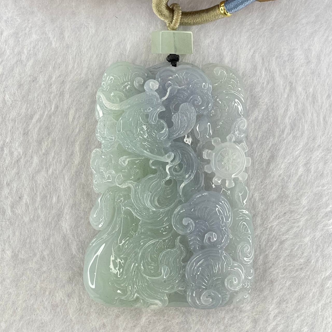 Type A Light Green and Bright Lavender Jadeite Phoenix Ruyi Wheel Pendant 80.00g 62.9 by 44.5 by 13.5mm