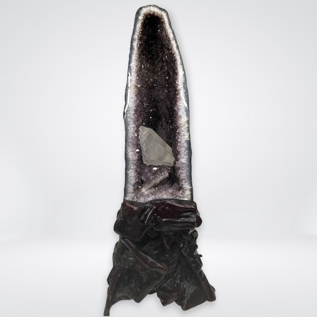 Special RARE Natural Amethyst with Rutile and Large High Quality Clear Quartz Display Wooden Stand - 42.7kg 790 by 250 by 300mm