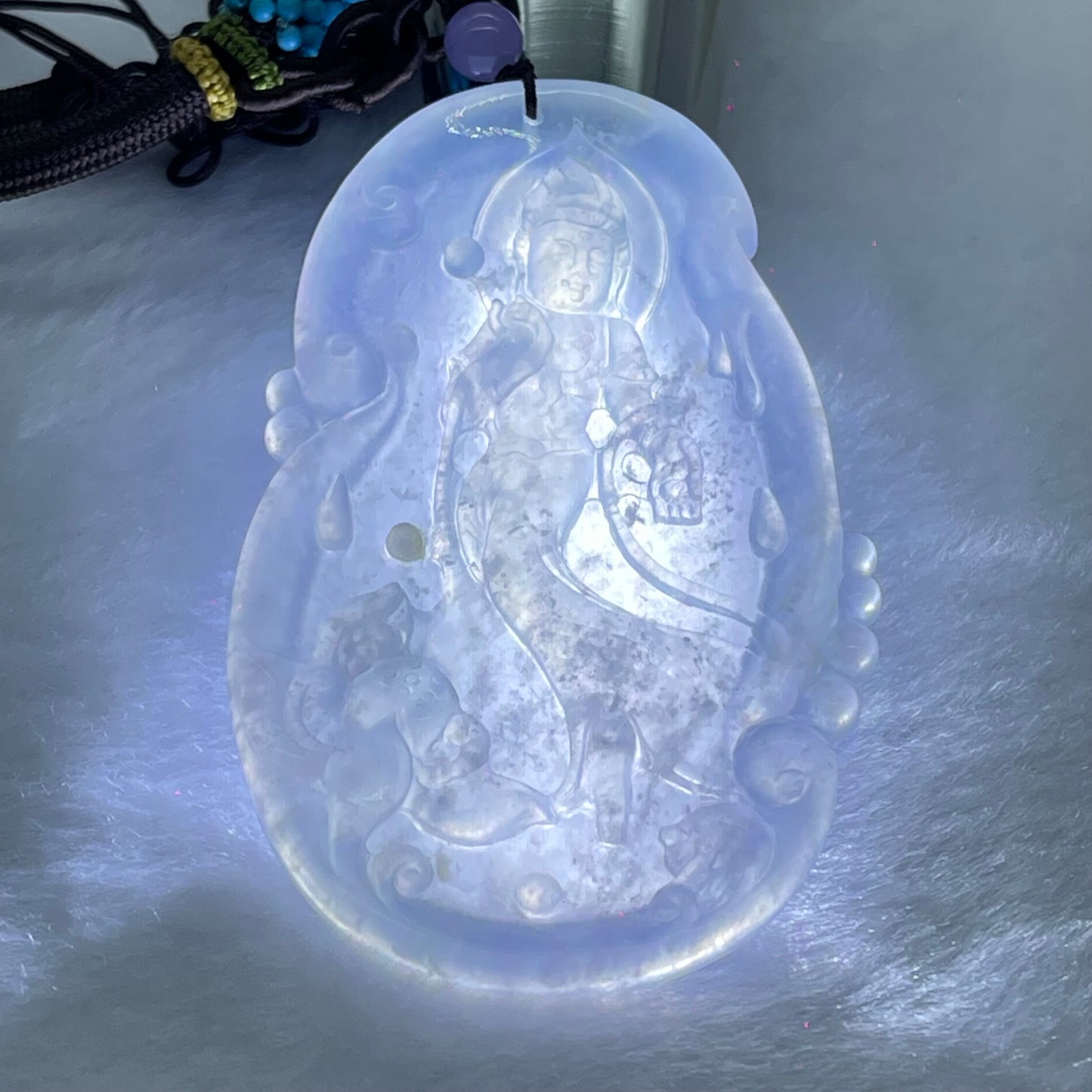 High End Type A Burmese Icy Lavender Jade Jadeite Feng Shui Guan Yin Religion Pendant 39.76g 78.4mm by 47.5 mm by 4.6 mm