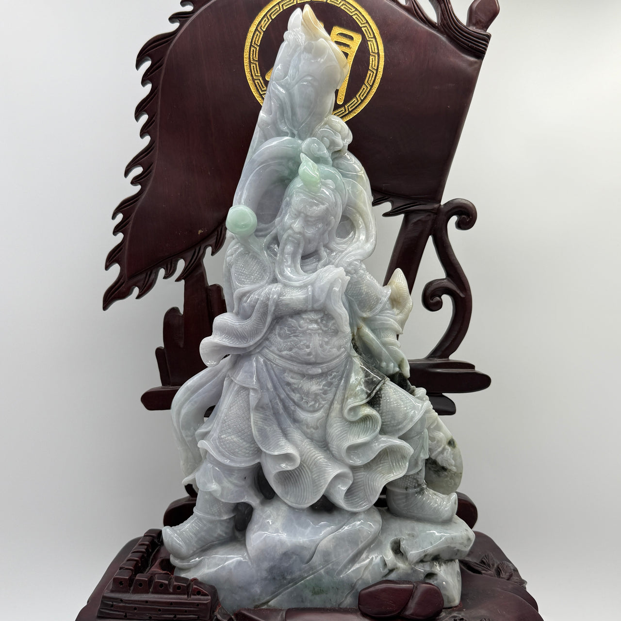 Type A Three Colour Lavender, Green & Yellow Jade Jadeite Standing Guan Gong with Wooden Stand and Victory Flag 义薄云天 旗开得胜 - 3.63kg Dimensions with Stand: 39 by 25 by 15cm Jade Dimensions: 27 by 15 by 7cm