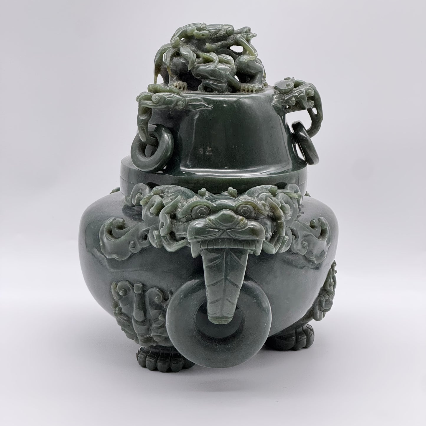 Rare Antique Natural Dark Green Nephrite Dragon Incense Burner 3,613.7g 250.0 by 170.0 by 215.0mm