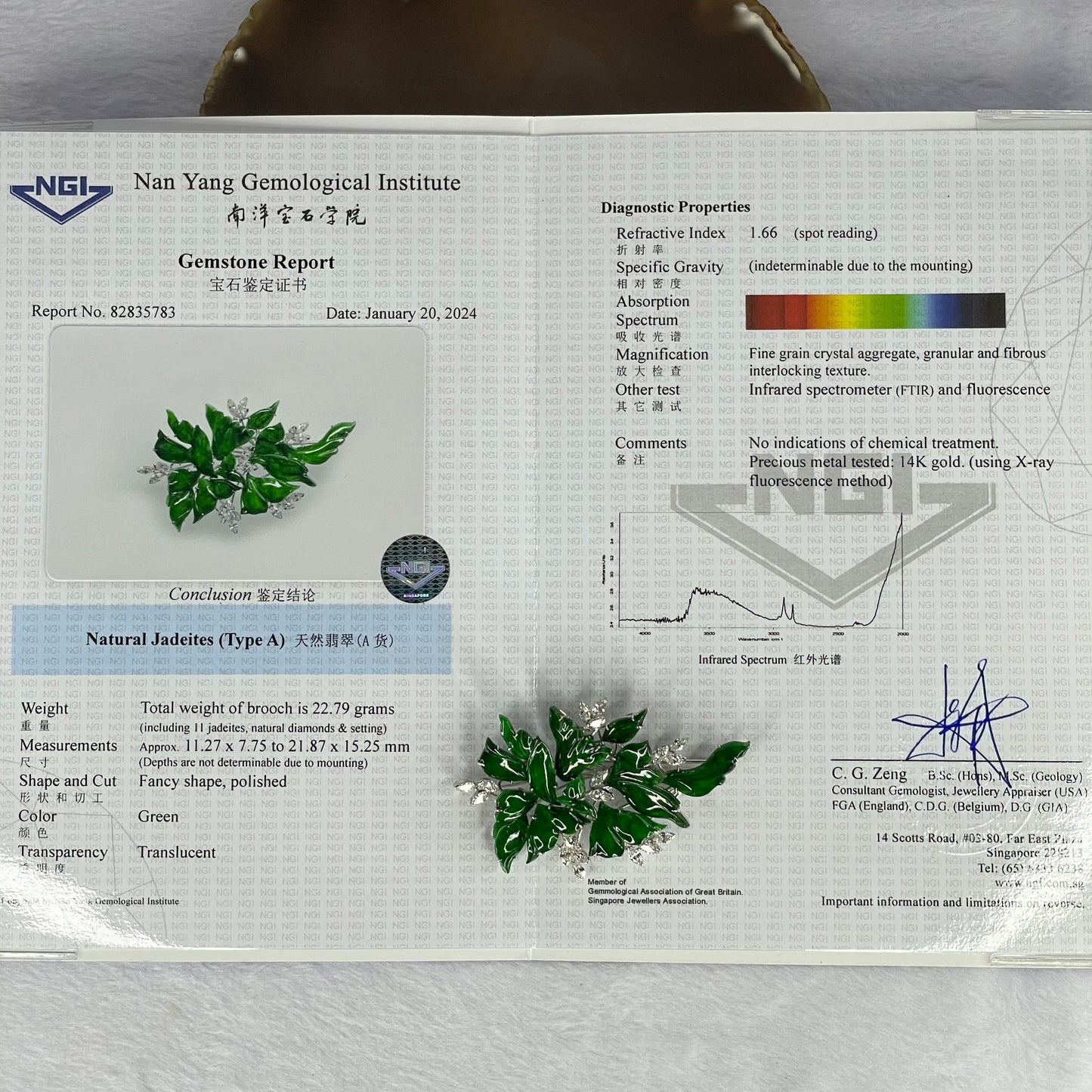 Very Very High Quality Translucent Natural Green Jadeite (TYPE A) Brooch Approx. 11.27 by 7.75 to 21.87 by 15.25mm Total Weight 22.79g including Natural Diamonds and 14K White Gold Setting with NGI Cert No.82835783