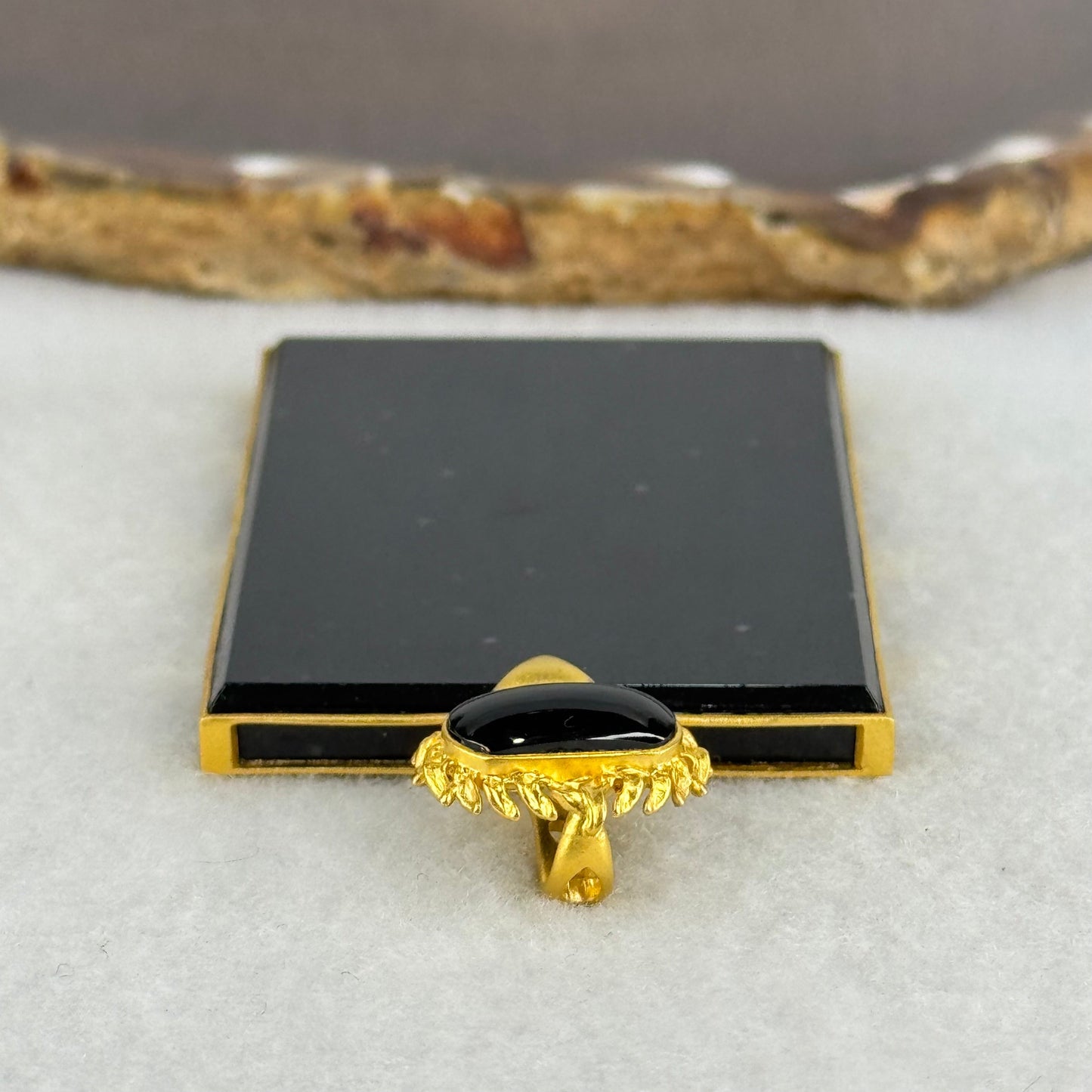 18k Yellow Gold Rare High Grade Fully Translucent Type A Black Jadeite Rectangle Wu Shi Pai Pendant 45.38g 61.8 by 41.2 by 4.8mm