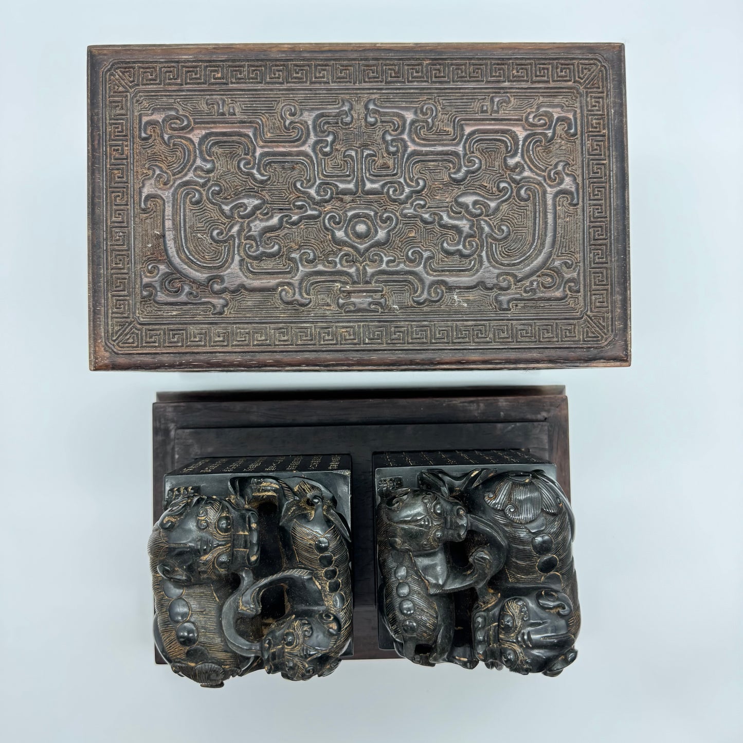 Rare Antique Natural Dark Green Nephrite Seal Pair of Twin Double Pixiu Stamp 5,596.2g 86.4 by 86.9 by 120.2mm with Wooden Box 355.0 by 165.0 by 190.0mm