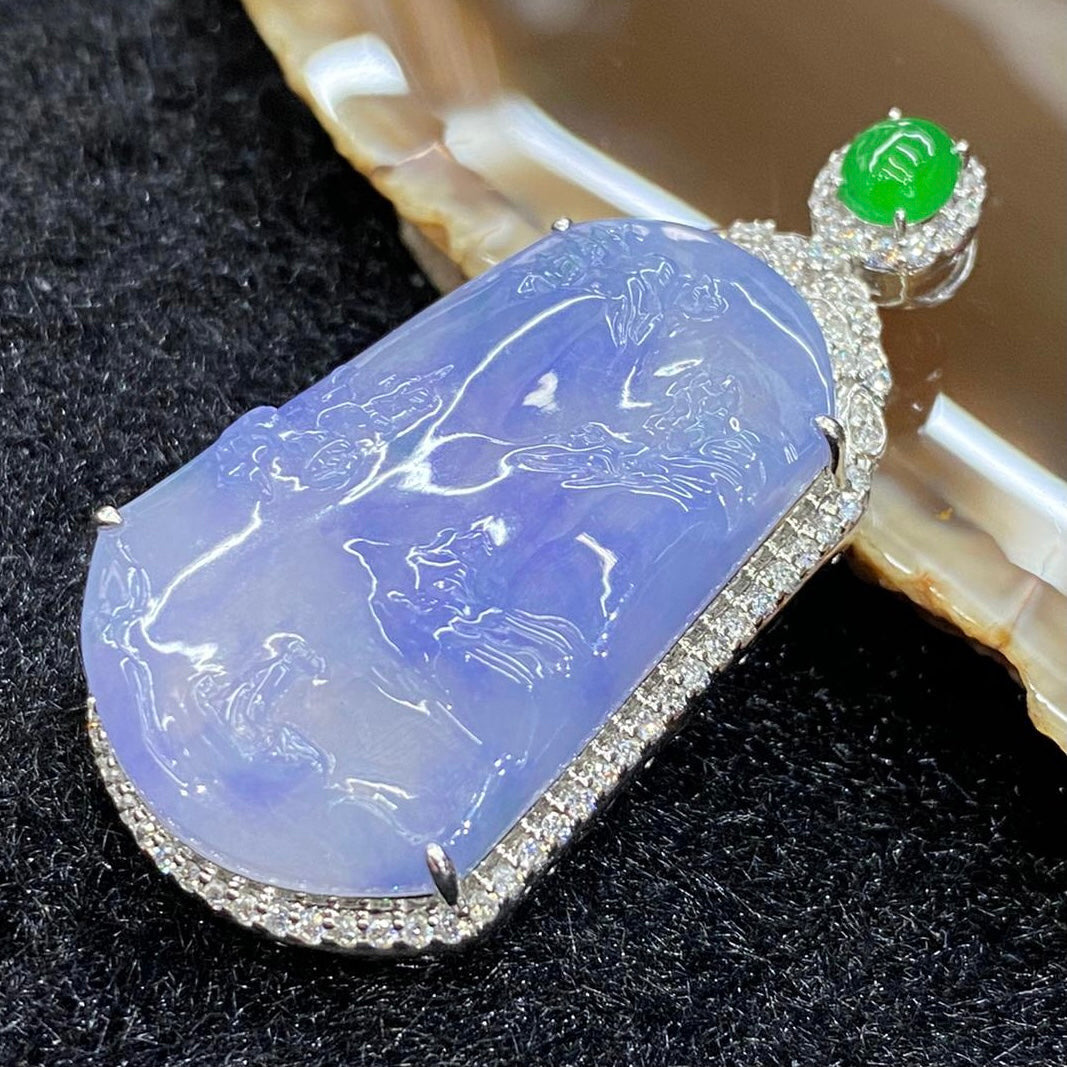 Rare High end Type A Burmese Lavender Jade Jadeite Shan Shui 18k white gold & diamonds - 13.78g 44.7 by 23.1 by 10.3mm